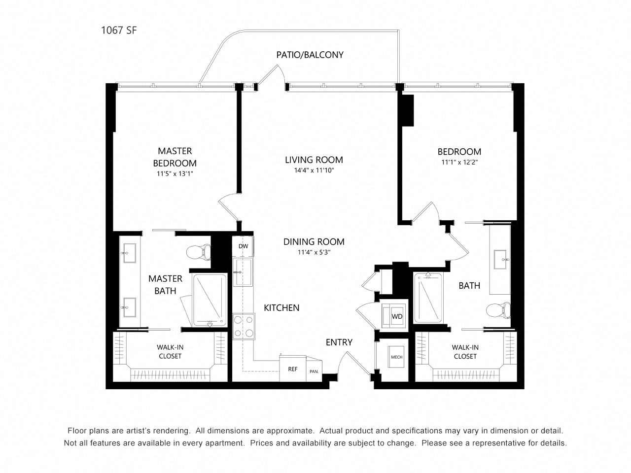 Floor plan for 2 beds, 2 baths, 1067 sqft